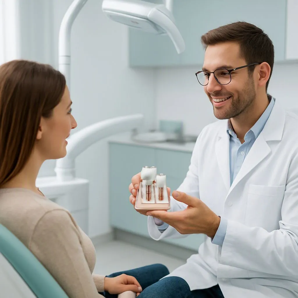 Hekimin hastaya implant modelini gösterdiği muayene